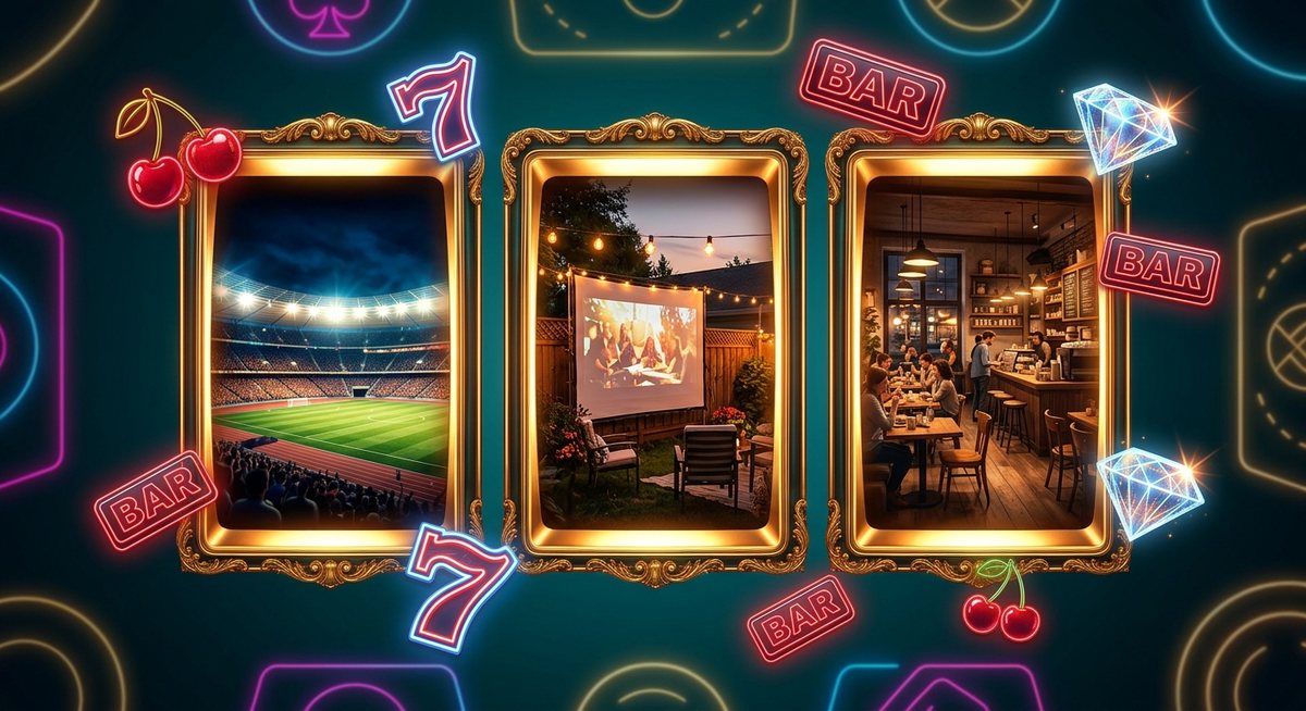 Tiga jendela gulungan mesin slot menyala menampilkan stadion, halaman rumah, dan kafe dalam nuansa emas dan teal