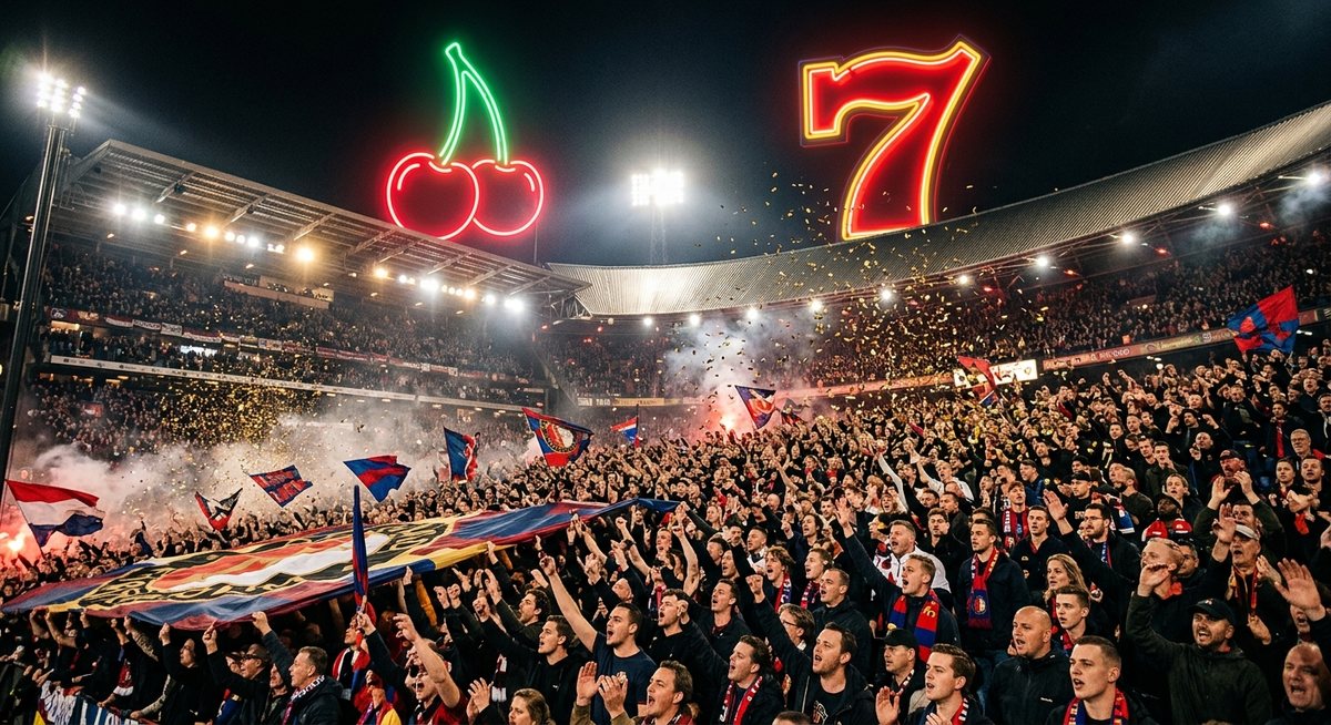 Suporter di tribun menyanyi di bawah lampu stadion dengan simbol ceri dan tujuh menyala bergaya neon di langit malam